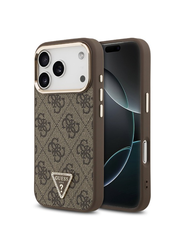 Guess Guess PU Leather 4G Strass Triangle Logo Gold Frame MagSafe Zadnji ovoj za iPhone 18 Pro Brown