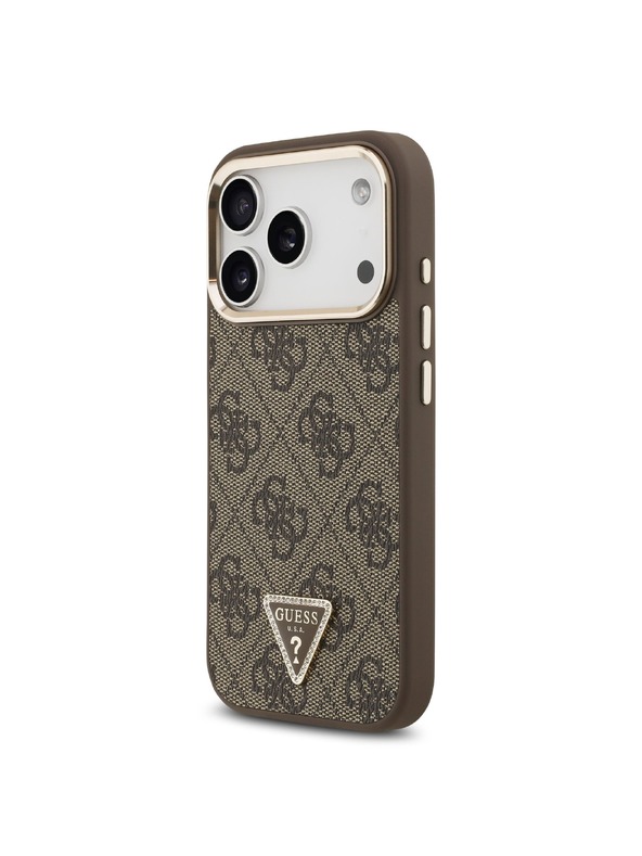 Guess Guess PU Leather 4G Strass Triangle Logo Gold Frame MagSafe Zadnji ovoj za iPhone 18 Pro Brown