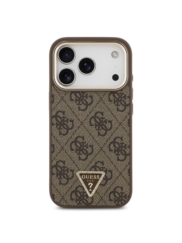 Guess Guess PU Leather 4G Strass Triangle Logo Gold Frame MagSafe Zadnji ovoj za iPhone 18 Pro Brown