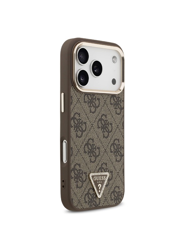 Guess Guess PU Leather 4G Strass Triangle Logo Gold Frame MagSafe Zadnji ovoj za iPhone 18 Pro Brown