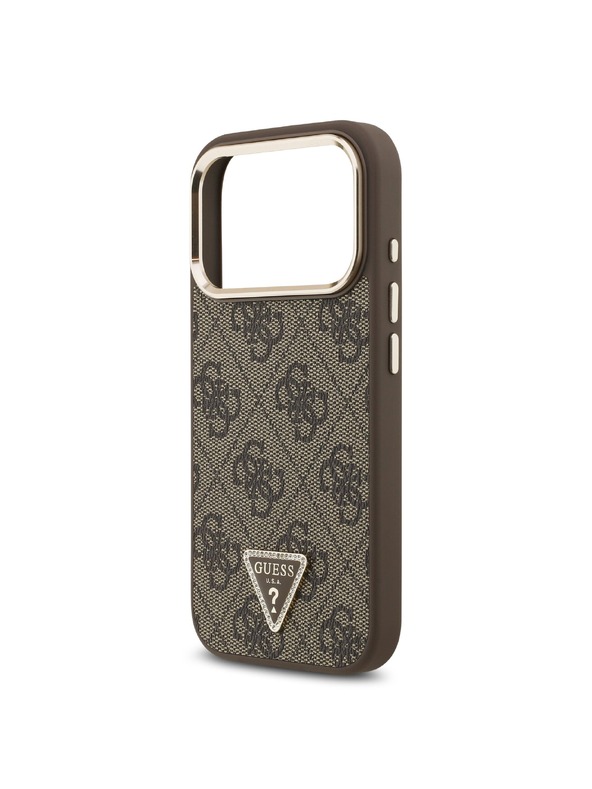 Guess Guess PU Leather 4G Strass Triangle Logo Gold Frame MagSafe Zadnji ovoj za iPhone 18 Pro Brown