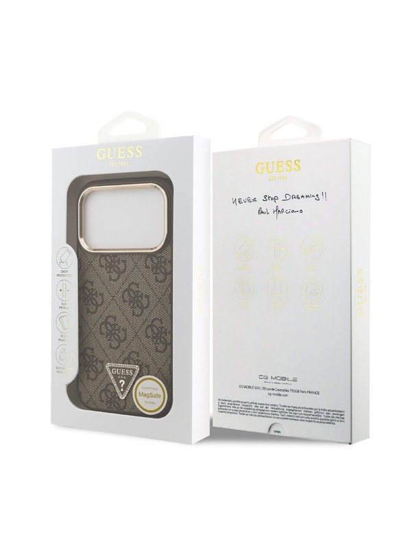 Guess Guess PU Leather 4G Strass Triangle Logo Gold Frame MagSafe Zadnji ovoj za iPhone 18 Pro Brown