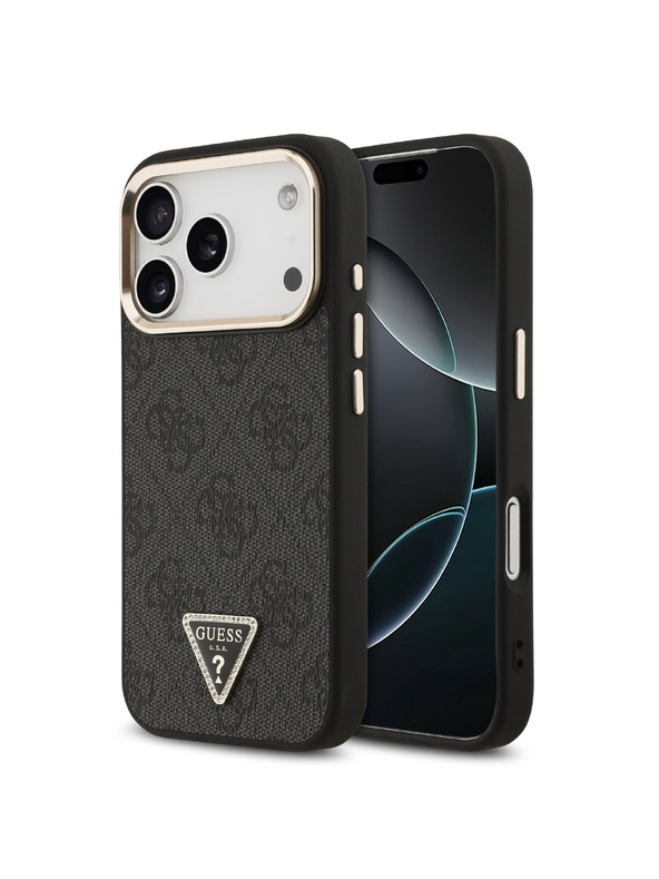 Guess Guess PU Leather 4G Strass Triangle Logo Gold Frame MagSafe Zadnji ovoj za iPhone 18 Pro Black