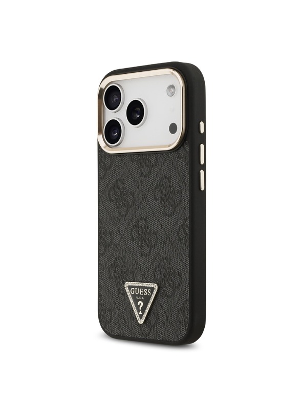 Guess Guess PU Leather 4G Strass Triangle Logo Gold Frame MagSafe Zadnji ovoj za iPhone 18 Pro Black