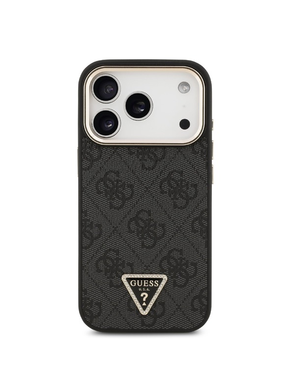 Guess Guess PU Leather 4G Strass Triangle Logo Gold Frame MagSafe Zadnji ovoj za iPhone 18 Pro Black