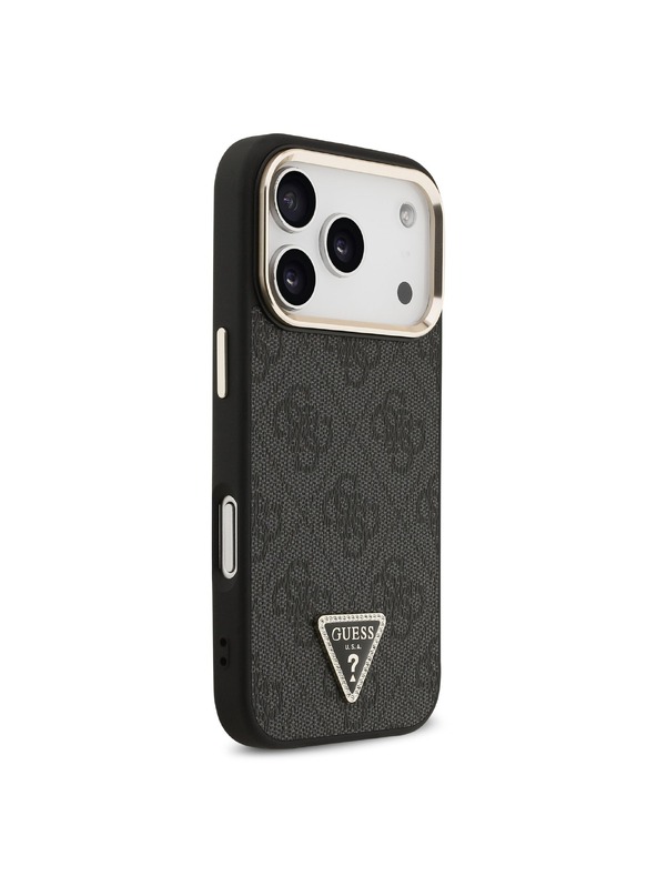 Guess Guess PU Leather 4G Strass Triangle Logo Gold Frame MagSafe Zadnji ovoj za iPhone 18 Pro Black