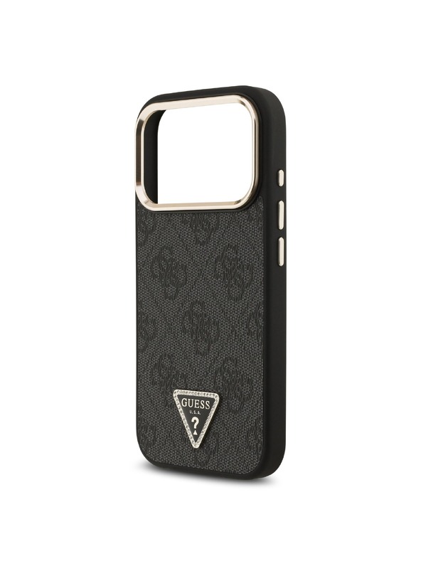 Guess Guess PU Leather 4G Strass Triangle Logo Gold Frame MagSafe Zadnji ovoj za iPhone 18 Pro Black