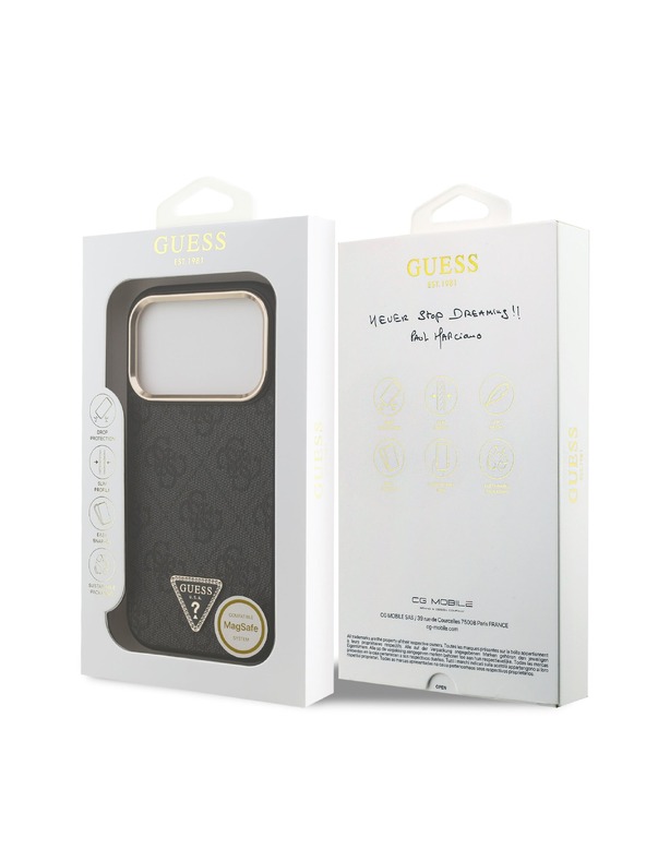 Guess Guess PU Leather 4G Strass Triangle Logo Gold Frame MagSafe Zadnji ovoj za iPhone 18 Pro Black