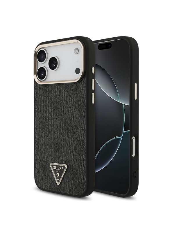 Guess Guess PU Leather 4G Strass Triangle Logo Gold Frame MagSafe Zadnji ovoj za iPhone 18 Pro Max Black