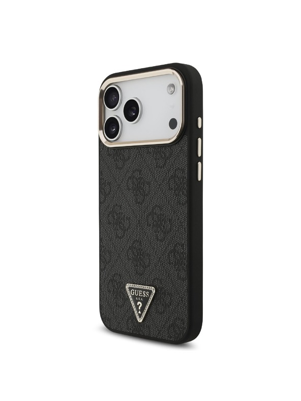 Guess Guess PU Leather 4G Strass Triangle Logo Gold Frame MagSafe Zadnji ovoj za iPhone 18 Pro Max Black