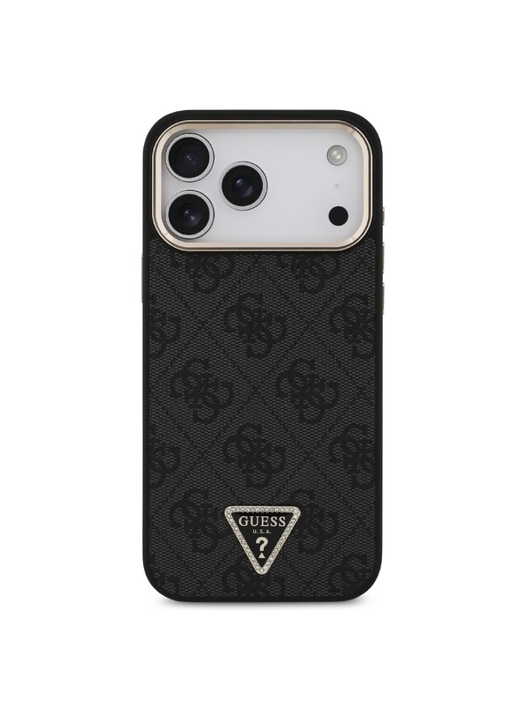 Guess Guess PU Leather 4G Strass Triangle Logo Gold Frame MagSafe Zadnji ovoj za iPhone 18 Pro Max Black