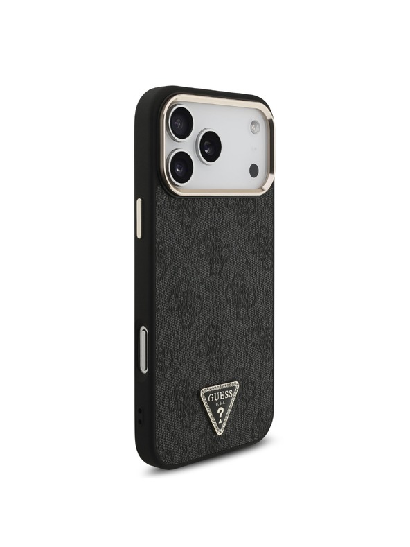 Guess Guess PU Leather 4G Strass Triangle Logo Gold Frame MagSafe Zadnji ovoj za iPhone 18 Pro Max Black