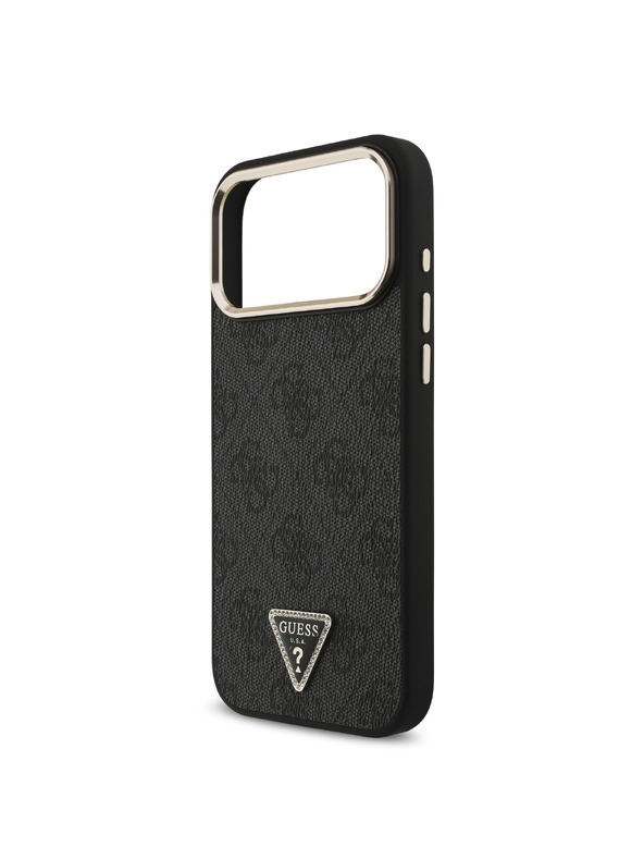 Guess Guess PU Leather 4G Strass Triangle Logo Gold Frame MagSafe Zadnji ovoj za iPhone 18 Pro Max Black