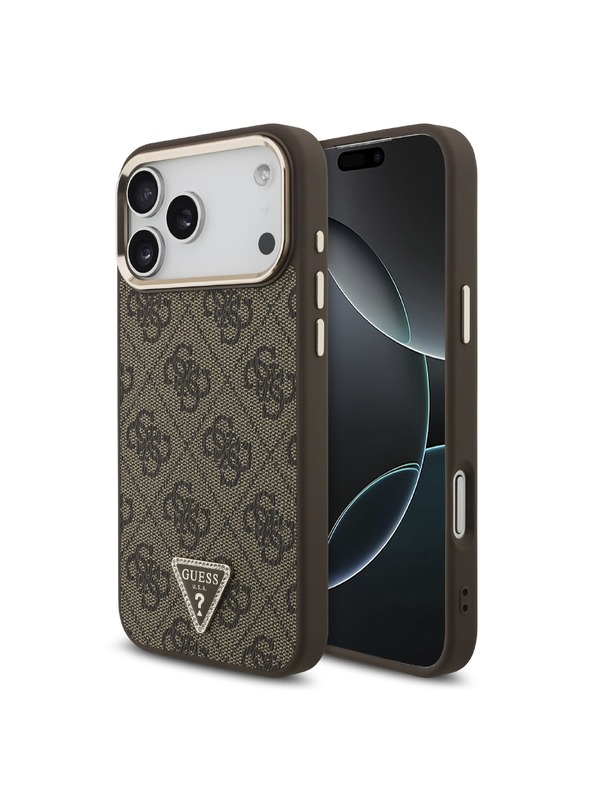 Guess Guess PU Leather 4G Strass Triangle Logo Gold Frame MagSafe Zadnji ovoj za iPhone 18 Pro Max Brown