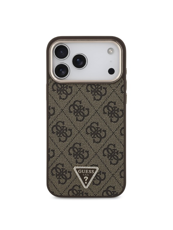 Guess Guess PU Leather 4G Strass Triangle Logo Gold Frame MagSafe Zadnji ovoj za iPhone 18 Pro Max Brown