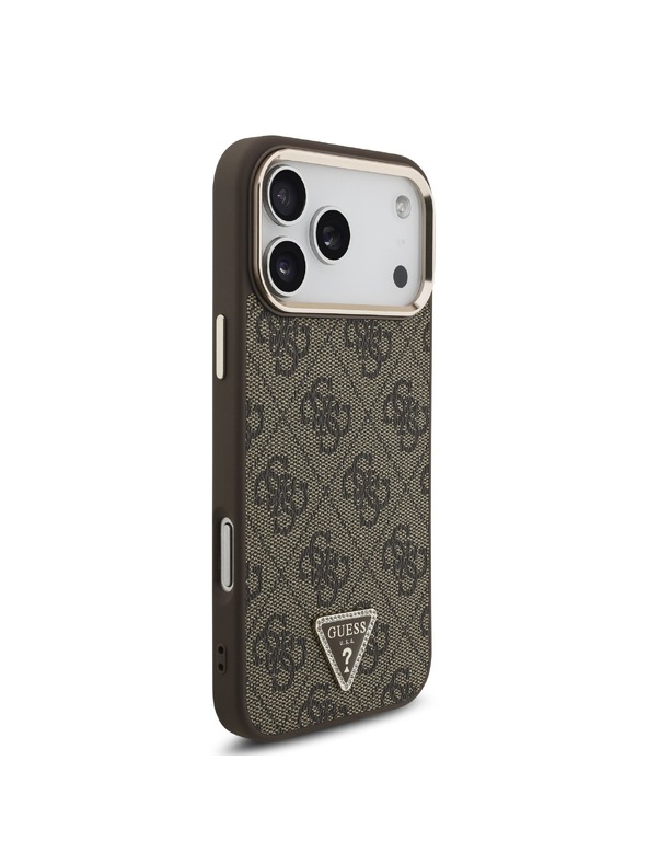 Guess Guess PU Leather 4G Strass Triangle Logo Gold Frame MagSafe Zadnji ovoj za iPhone 18 Pro Max Brown