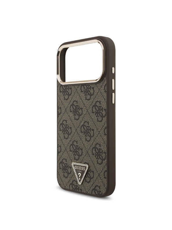 Guess Guess PU Leather 4G Strass Triangle Logo Gold Frame MagSafe Zadnji ovoj za iPhone 18 Pro Max Brown