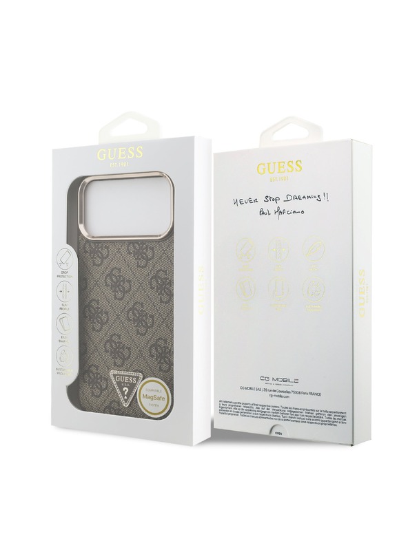Guess Guess PU Leather 4G Strass Triangle Logo Gold Frame MagSafe Zadnji ovoj za iPhone 18 Pro Max Brown