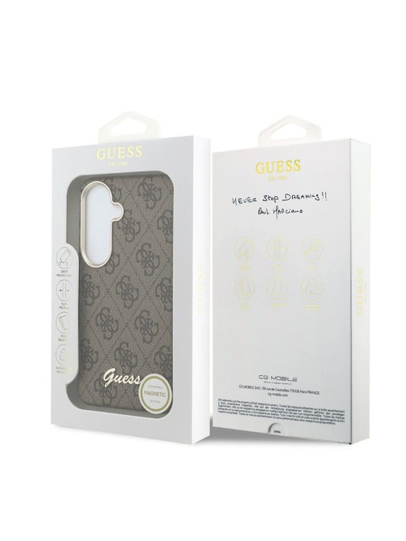 Guess Guess PU 4G Script Metal Logo Magnetic Zadnji Ovitek za Samsung Galaxy S26 Brown