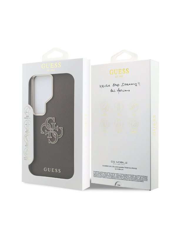 Guess Guess PU Zrnast 4G Smola Metal Logo Zadnji Ovitek za Samsung Galaxy S26 Ultra Brown