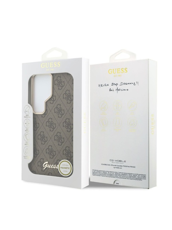Guess Guess PU 4G Script Metal Logo Magnetni Zadnji Ovitek za Samsung Galaxy S26 Ultra Brown