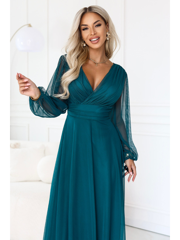 numoco NERISSA Elegantne tul maxi obleke z zavihljivim izrezom - morska zelena