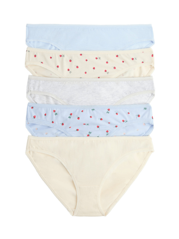 Marks & Spencer Čipkaste bikini hlačke iz bombaža Lycra™ s potiskom, 5 kosov Marks & Spencer modra