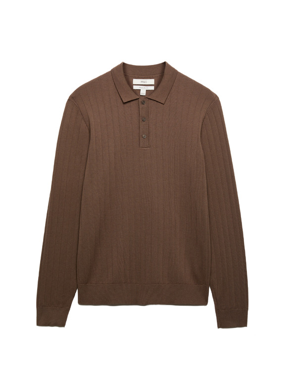 Marks & Spencer Moške rebraste polo majice iz bombažne mešanice Marks & Spencer rjava
