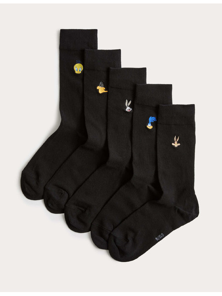 Marks & Spencer Nogavice z motivom Looney Tunes™, z visoko vsebnostjo bombaža, 5 parov v paketu Marks & Spencer črne
