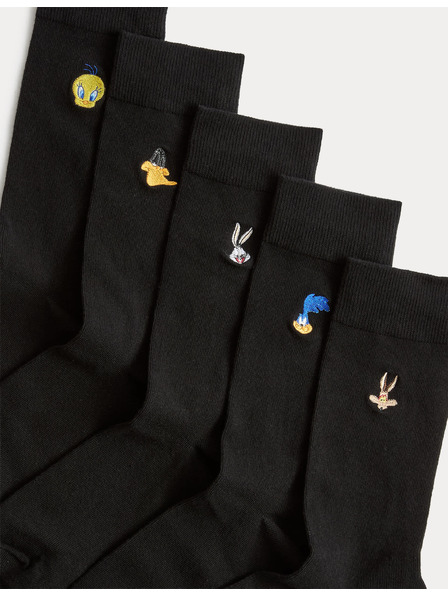 Marks & Spencer Nogavice z motivom Looney Tunes™, z visoko vsebnostjo bombaža, 5 parov v paketu Marks & Spencer črne