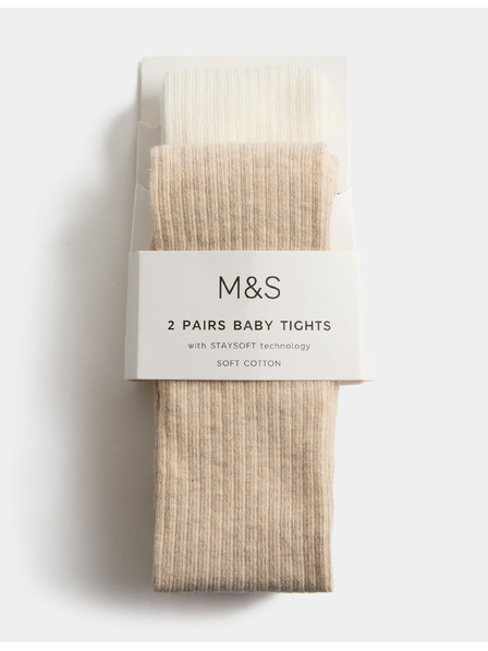 Marks & Spencer Komplet 2 parov najlonk z rebri in visokim deležem bombaža (0–3 leta) Marks & Spencer smetanasta