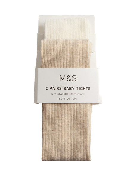 Marks & Spencer Komplet 2 parov najlonk z rebri in visokim deležem bombaža (0–3 leta) Marks & Spencer smetanasta